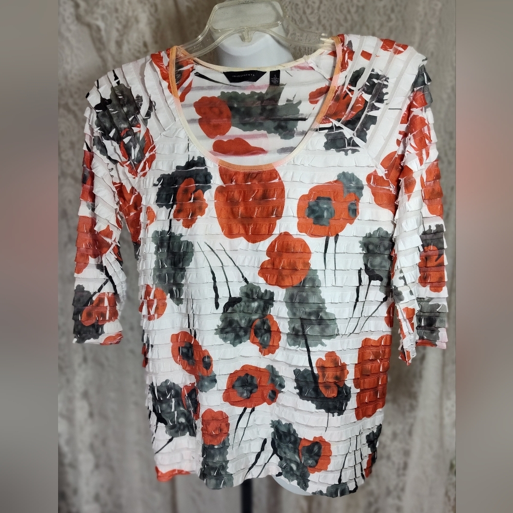 Investments Floral Blouse - White, Orange, Gray.